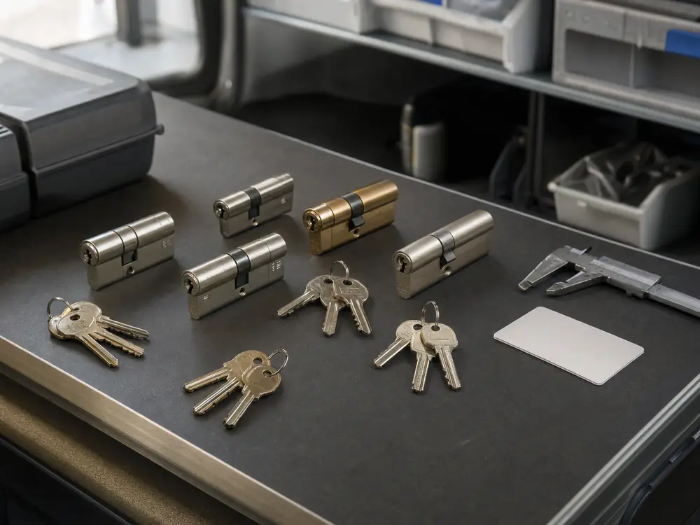 Nieuwe cilinders met sleutels en een certificaatkaart op de werkbank in de bus