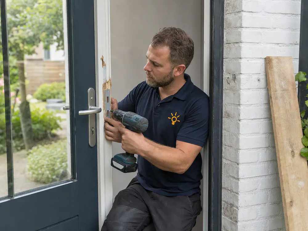 Slotenmaker herstelt het kozijn van een achterdeur na een inbraakpoging