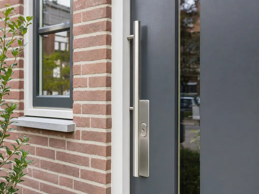 Veiligheidsbeslag met kerntrekbeveiliging op een moderne voordeur