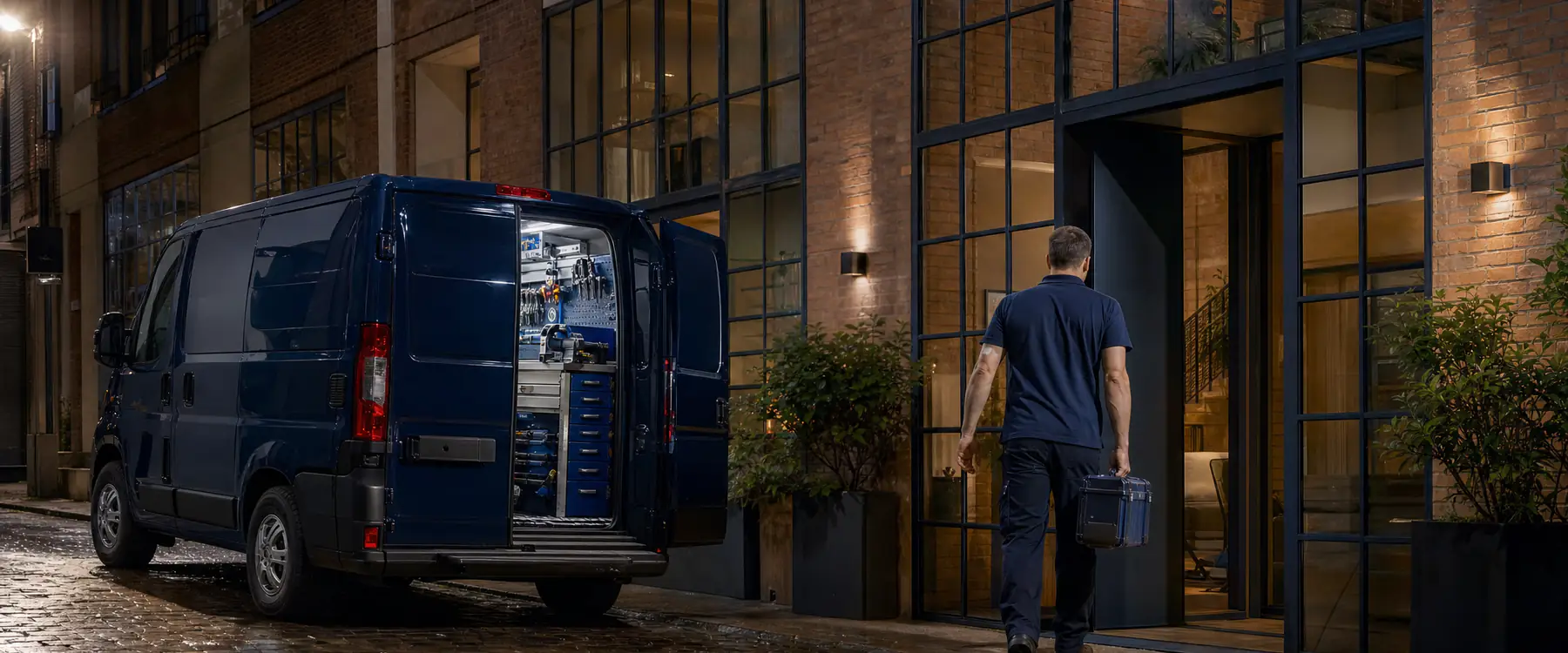 Servicebus van de slotenmaker 's avonds in een straat met verbouwde fabriekspanden